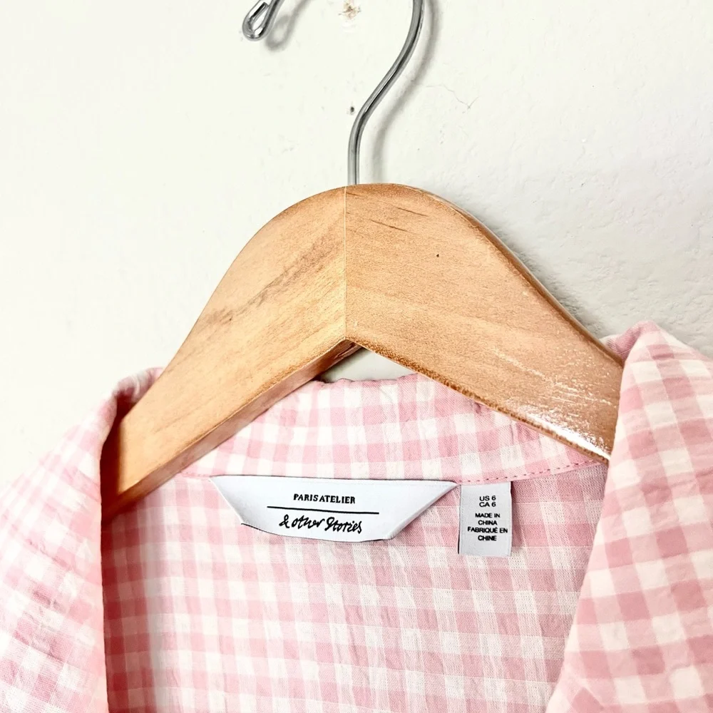 & Other Stories Seersucker Pink White Gingham Wrap Blouse - Picture 9 of 9